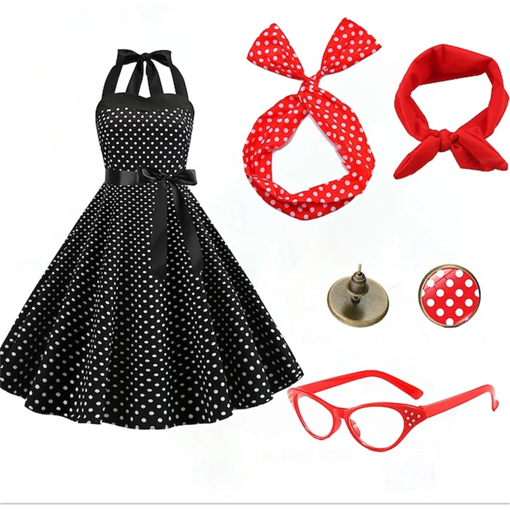 

Retro 1950s Swing Dress Accesories Set Flare Dress Earrings Audrey Hepburn Women's Buckle Dress Club Dress