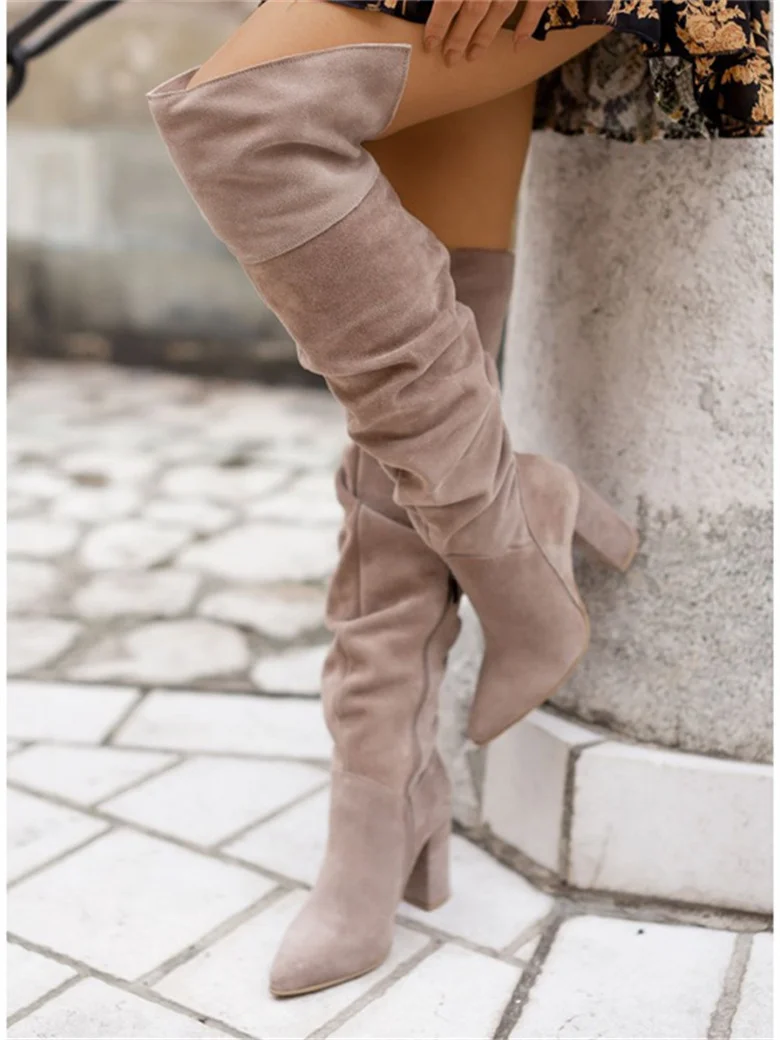 Women Boots Winter 2023 Designer Luxury High Heels Plus Size Women Shoes Faux Suede Elegant Pointed Lady Kover The Knee Boots