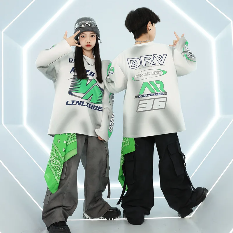 Hip Hop Jazz Dance Costume Boys Girls Loose Long Sleeve Top Pants Outfit Practice Street Dance Catwalk Show Costumes
