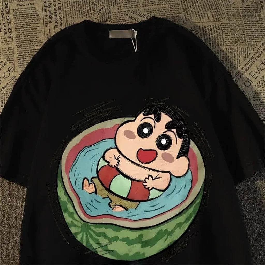 Crayon Shin Chan Watermelon Float Print Casual T Shirt Cute Anime Short Sleeve Tee for Men Women