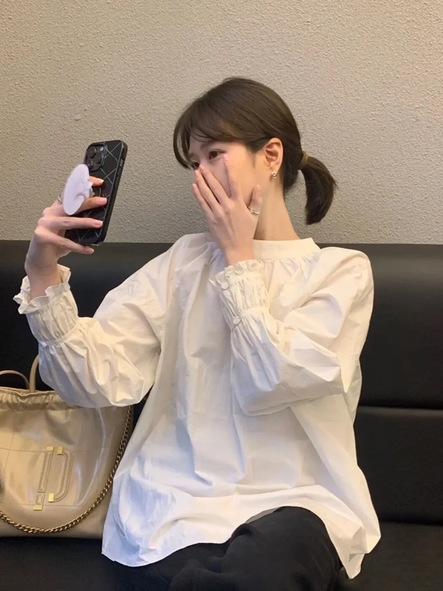 

Корейский мягкий топ-футболка SLE Gentle Lantern SVE Round Ne IRT для женщин, осенний, модный, свободный, облегающий, базовый слой