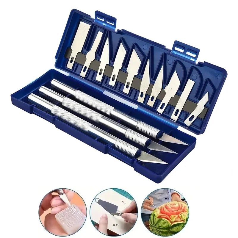 

13pcs Metal Carving Knife Portable Storage Box includes 3pcs Carving Handles 10pcs Knife Blades DIY Repair Tools Carving Knife