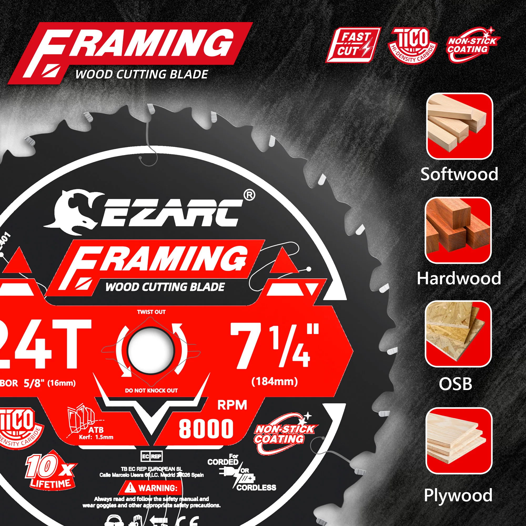 EZARC FRAMING Blade for Wood and Nail-Embedded Wood Cutting, Ultra-Thin 1.5mm Kerf, Non-Stick Coating, 7-1/4 Inch 24T Saw Blades