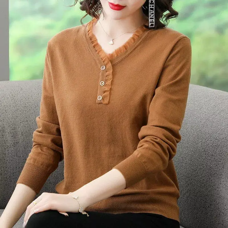 Women\'s Solid Color Fashion Lace Spliced T-shirt 2023 Spring Autumn Casual Elegant Long Sleeve V-Neck Female Knitted Thin Tops