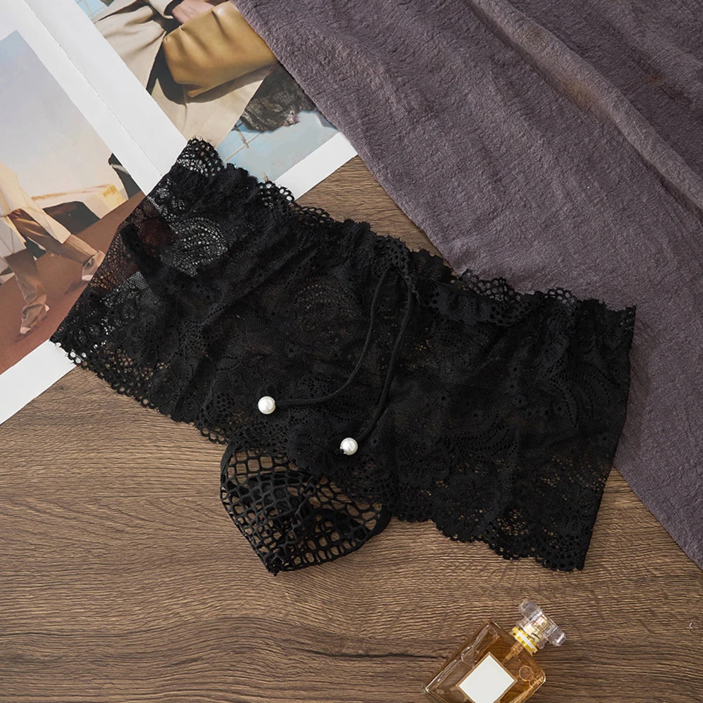 Men Gay Sexy G-String Thong Lace Skirt Two-piece Mesh Fishnet Hollow Out Briefs Solid See-Through T-Back Soft Sleep Underwears