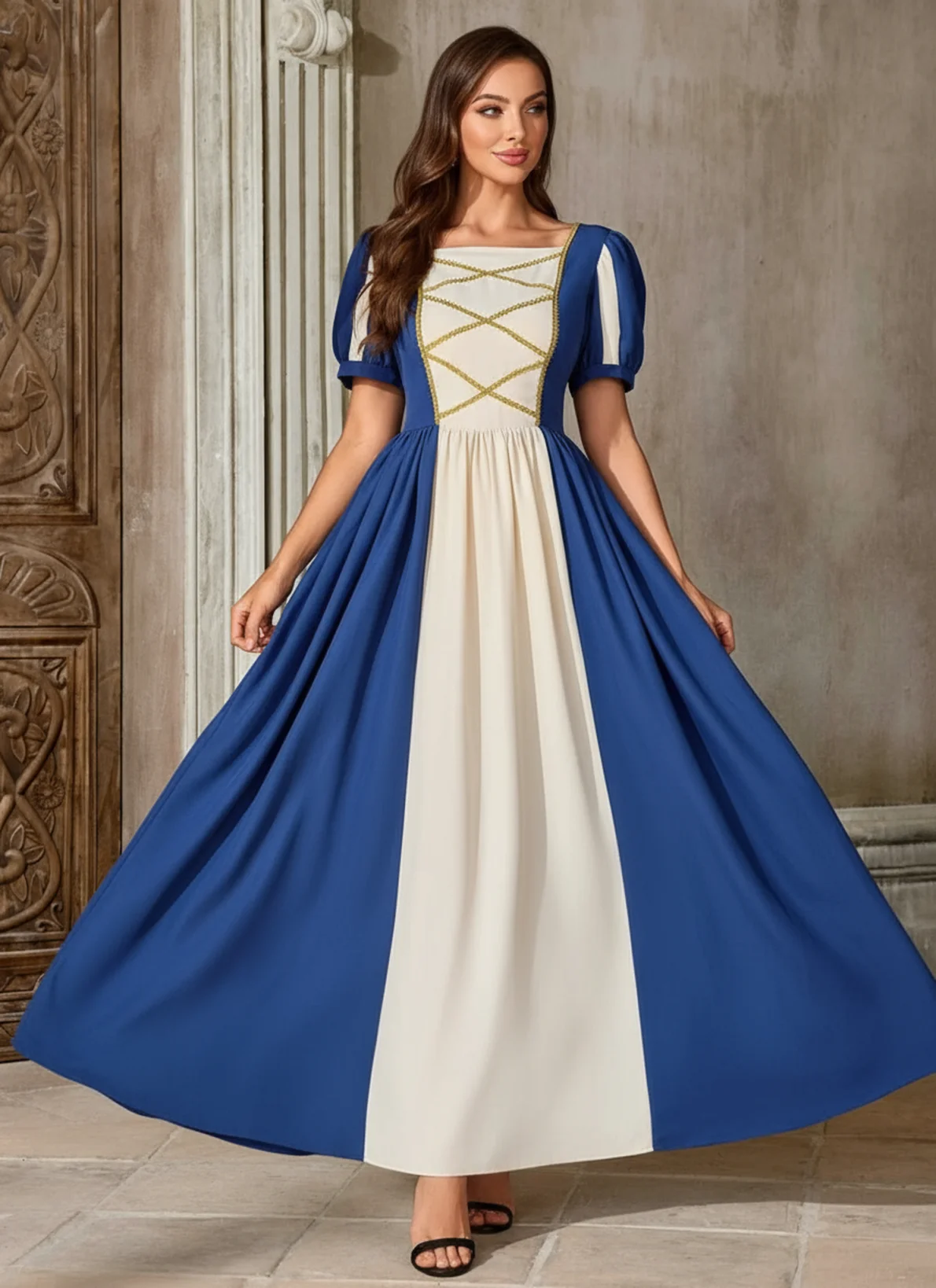 Halloween Renaissance Costume Blue Beige Puff Sleeve Medieval Maxi Dress
