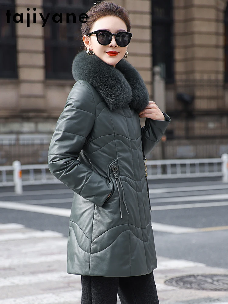 TAJIYANE Real Sheepskin Duck Down Coat Women Chic Green Genuine Leather Jacket Fox Fur Collar Coats Winter Woman Clothes 2025 코트