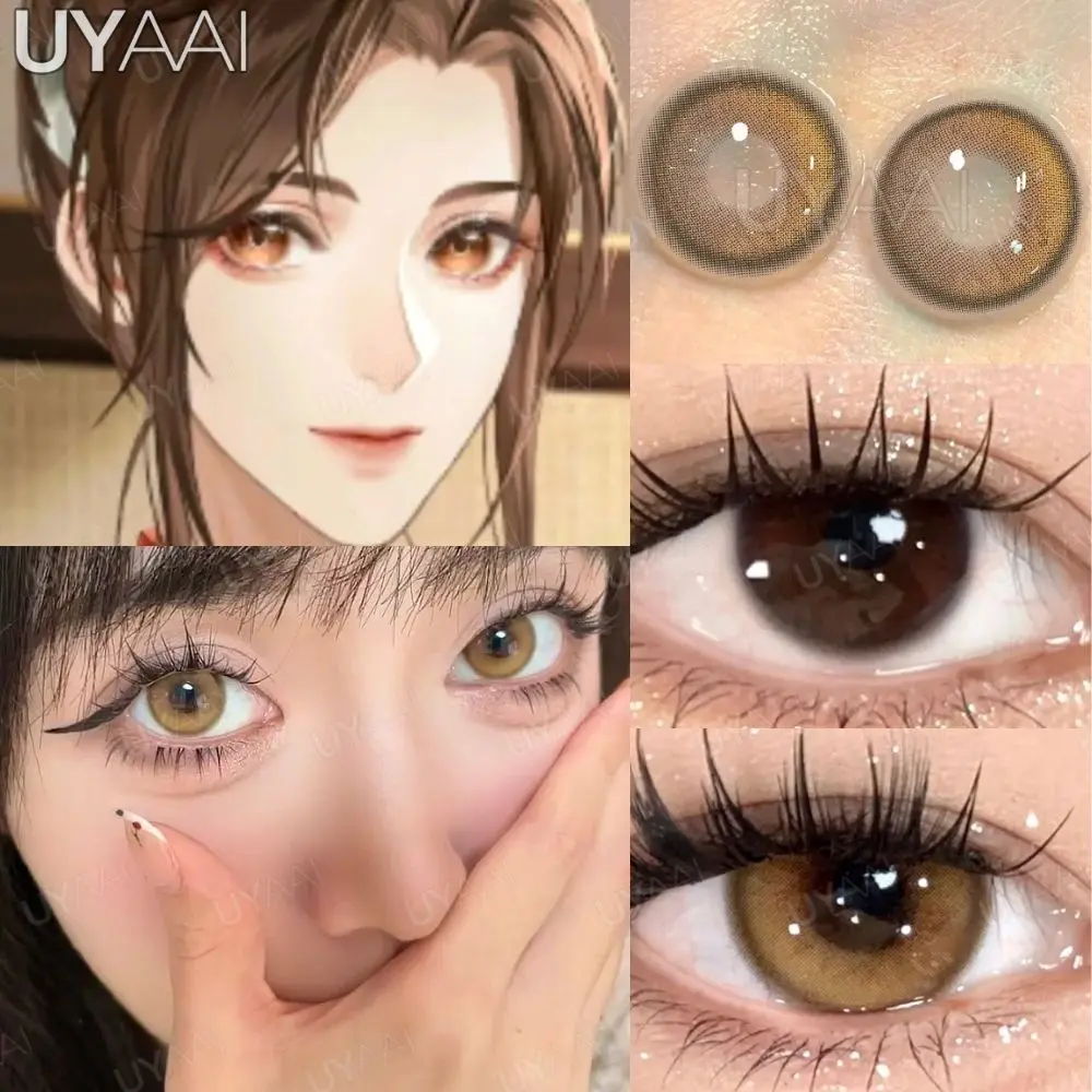UYAAI Korea Fashion Beauty【1*contacts Lenses+1*tweezers+1*lenses Case】Yearly Soft Lenses Comfort Brown Eyes Gray Gloss Eyes