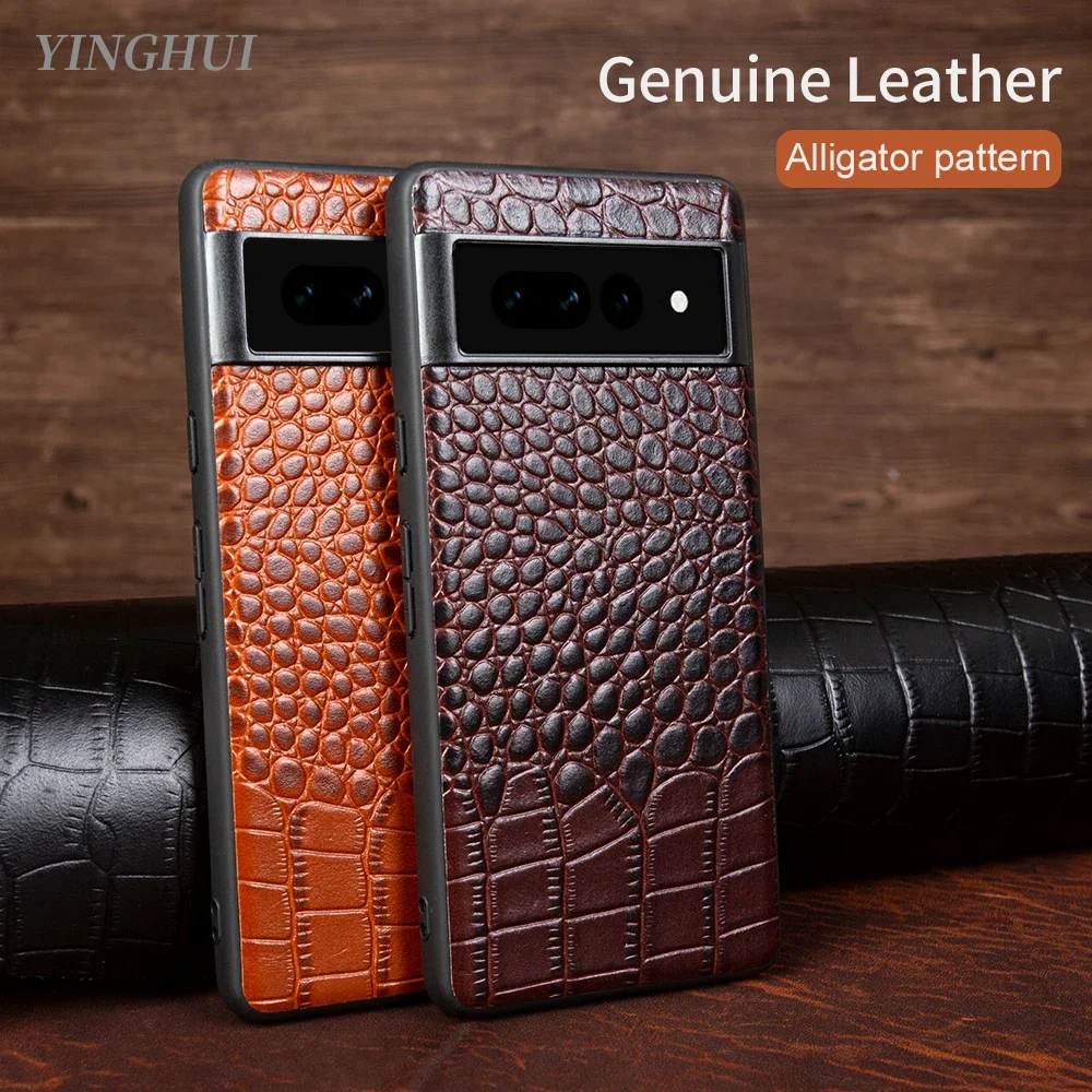 

Genuine Leather Case for Google Pixel 8 Pro 7A 7 6A 5 5A Phone Cover Luxury Handmade Cowhide Crocodile Pattern Fundal Back Shell