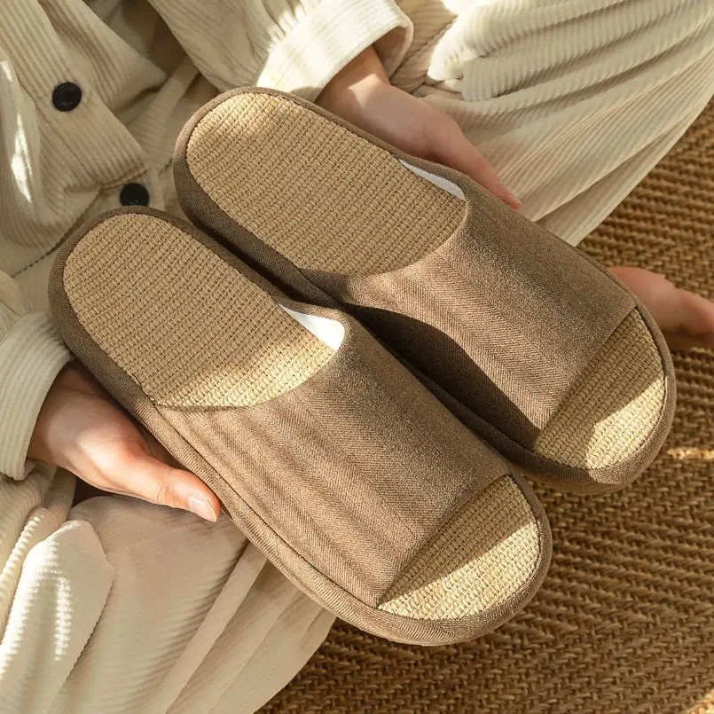 

House Slipper Women Autumn Linen Flip Flops Couples Indoor Non Slip Sandals Guest Home Shoes Male Flat Flax Flattie Comfortable
