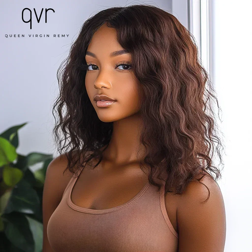 QVR Short Body Wave Wigs 180D qvr Put on And GO Brown Water Wave Bob Brazilian Human Hair Wigs For Women Full Machine Made Wigs