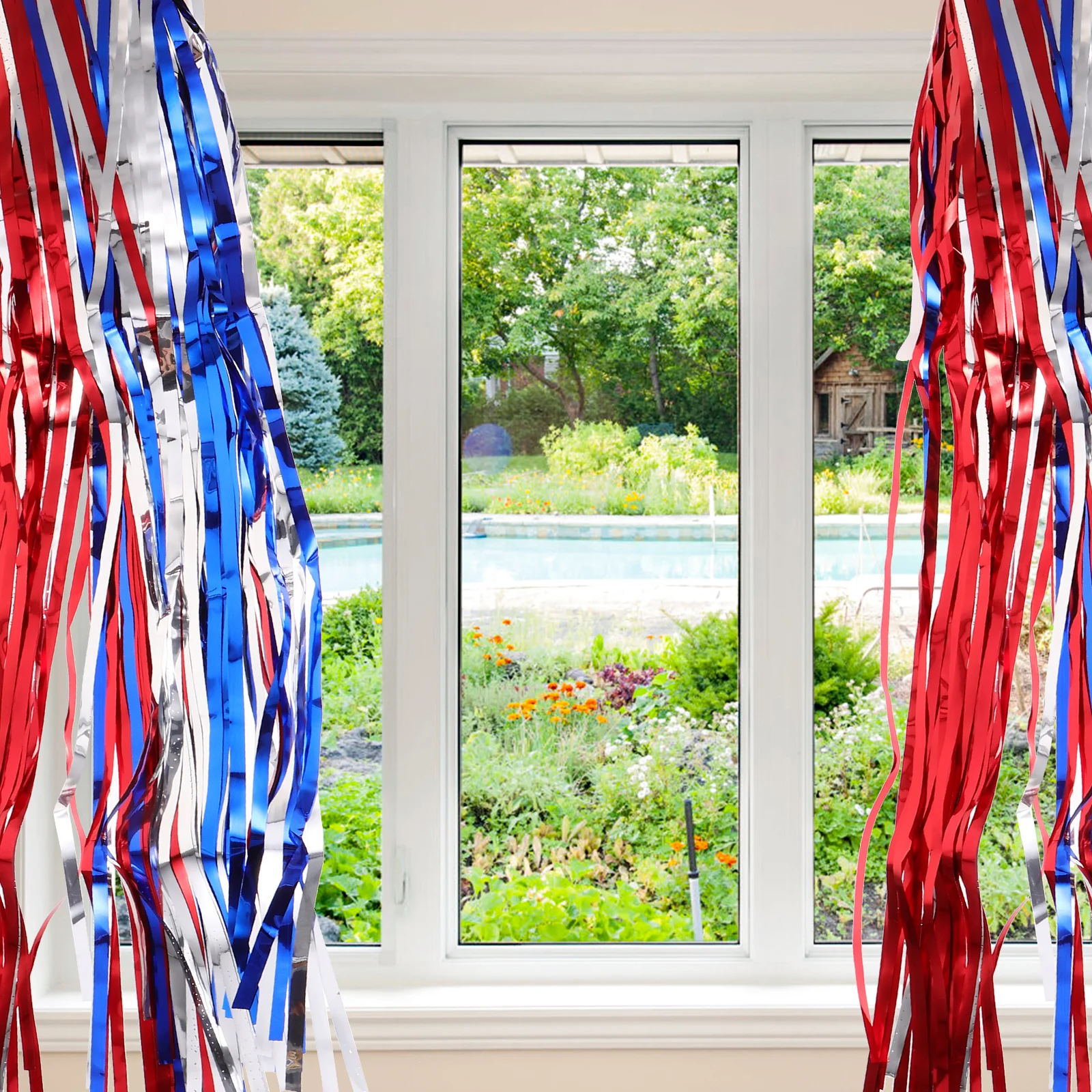 

2Pcs Tinsel Fringe Curtain Red Silver Blue Rain 1x3M Independence Day Party Backdrop Wall Tinsel Curtain Backdrop Hanging Decor