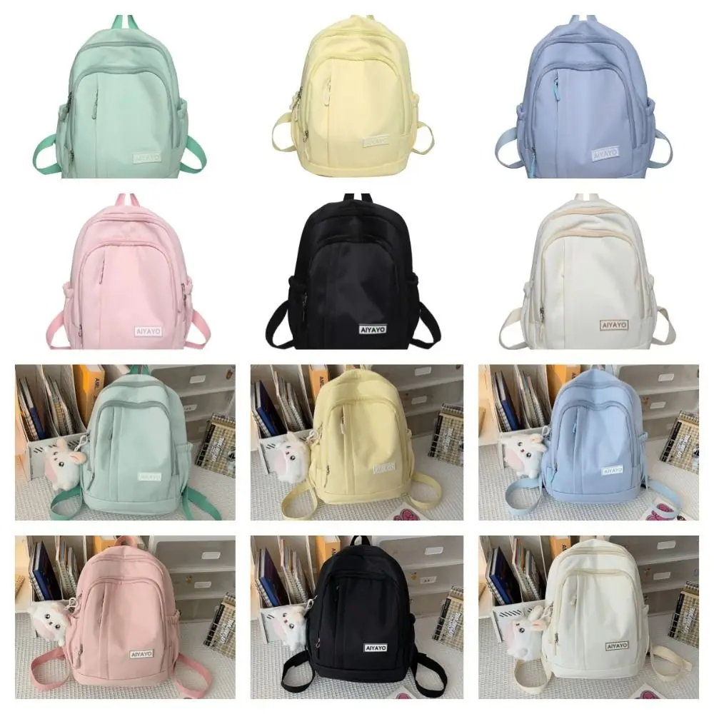 Zaini per ragazze in nylon Multi tasche Borse da scuola per studenti di grande capacità Tinta unita Borse a tracolla per adolescenti in stile giapponese Ragazza