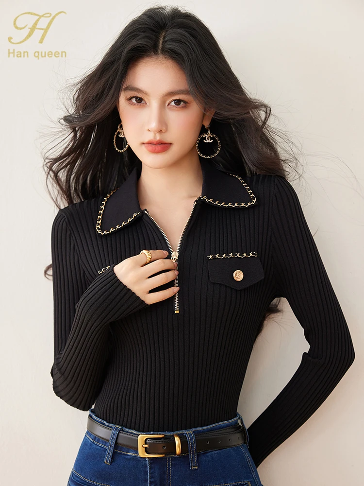 H Han Queen Spring Zipper Tops Sweater Long Sleeve Black Vintage Casual knitted Pullover Sweaters Korean Style Women\'s Clothing