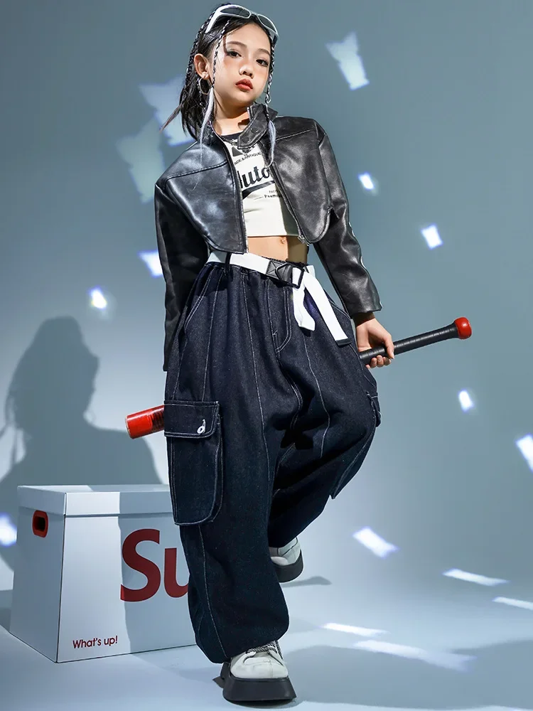 Kinder Kpop Hip Hop Kleidung Lederjacke Top Streetwear Denim Hosen für Mädchen Jazz Dance Kostüm Kleidung