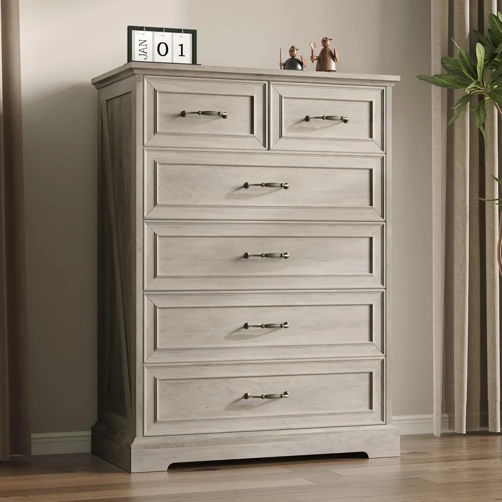 6-Drawer Bedroom Chest, 43 Tall Wooden Dresser with Deep Storage and Bar Pulls, Contemporary TV Stand Dresser