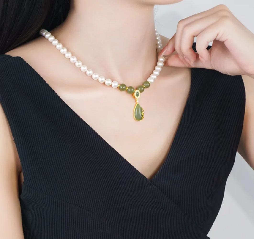 

Новый дизайн жемчуга AAAA7-8 мм ожерелье с небесным жемчугом + подвеска в виде капли воды Hetian Biyu цепочка на шею 18 дюймов/925s