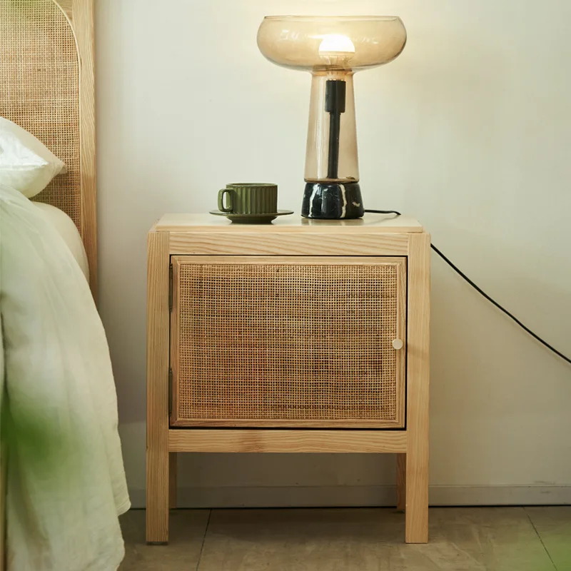LMM solid wood bedside table two-layer rattan locker modern simple bedroom furniture