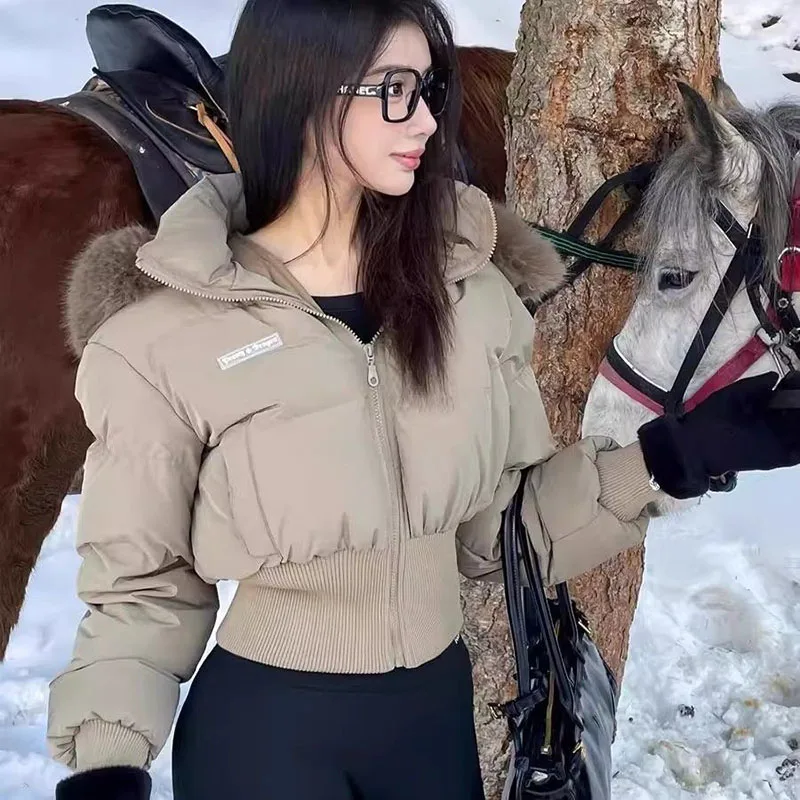 Winter Cropped Parkas for Women 2026 New Fashion Faux Fur Collar Hooded Cotton-Padded Jacket Thicken Warm Bread Down Cotton Coat