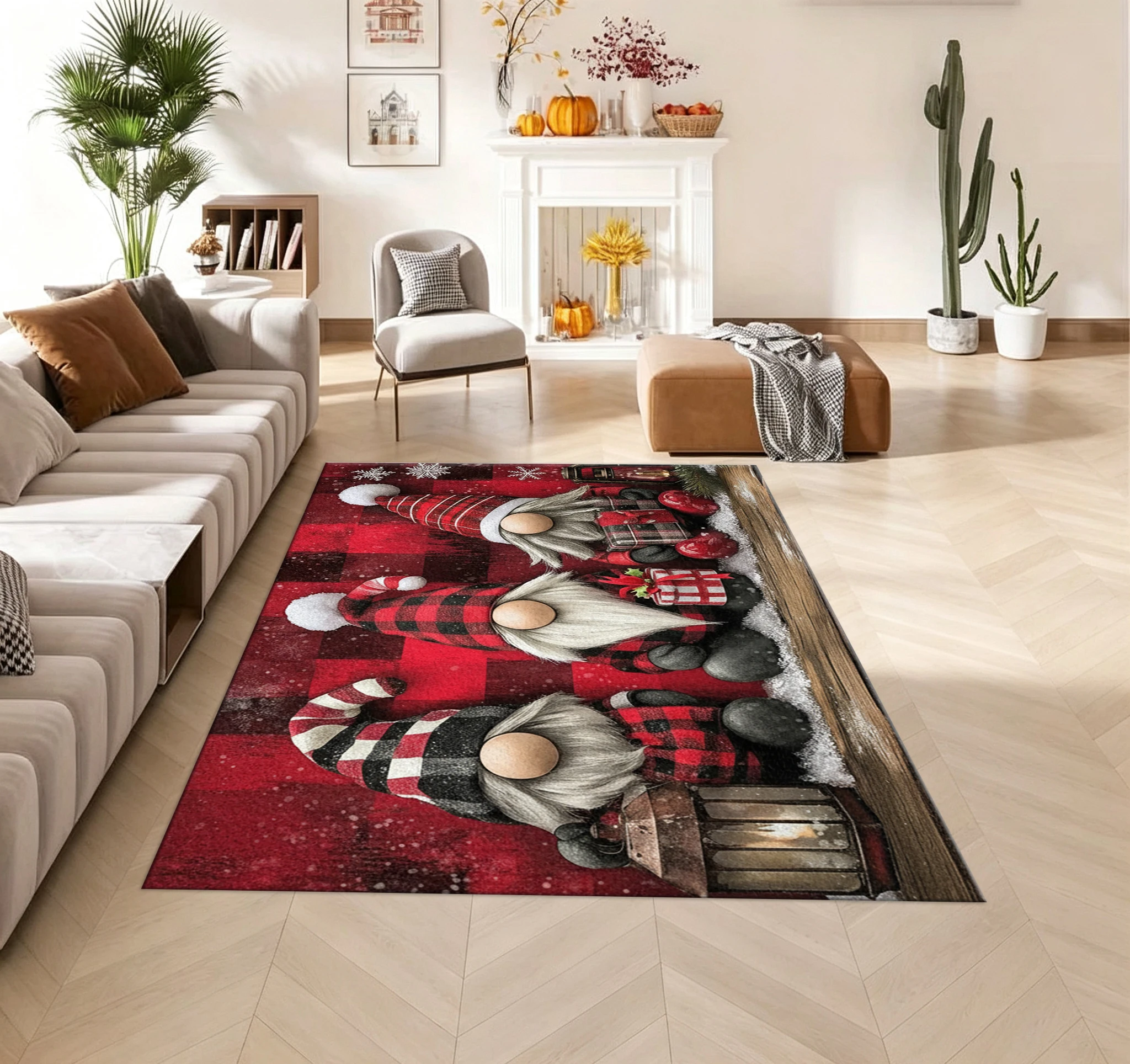Christmas Gnome Plaid Print Carpet Winter Festival Floor Mat Home Decorative Rug