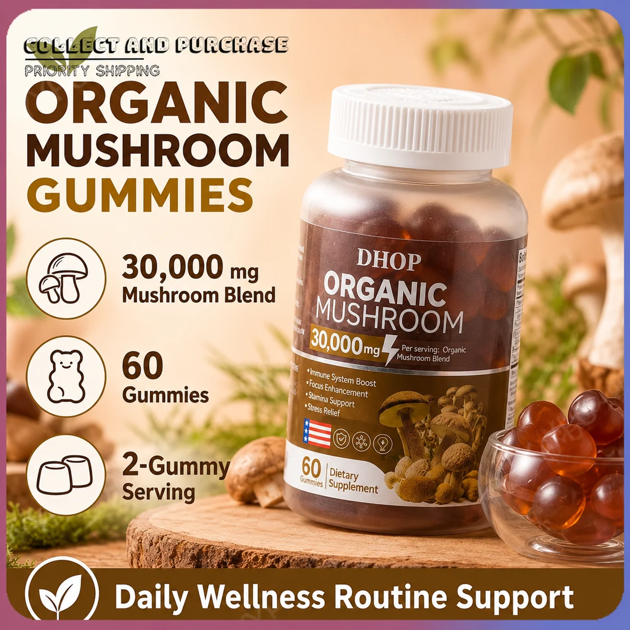 DHOP Mushroom Blend Gummies 60 Count with Lion's Mane Reishi Cordyceps Chaga Turkey Tail Vitamin D Daily Wellness Support