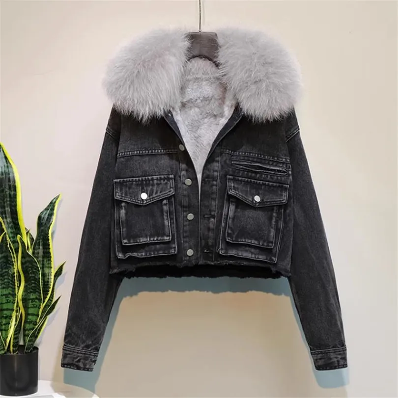 Retro patch pocket washed short denim jacket women autumn winter 2023 fashion fur liner parkas Female Outerwear Y4544