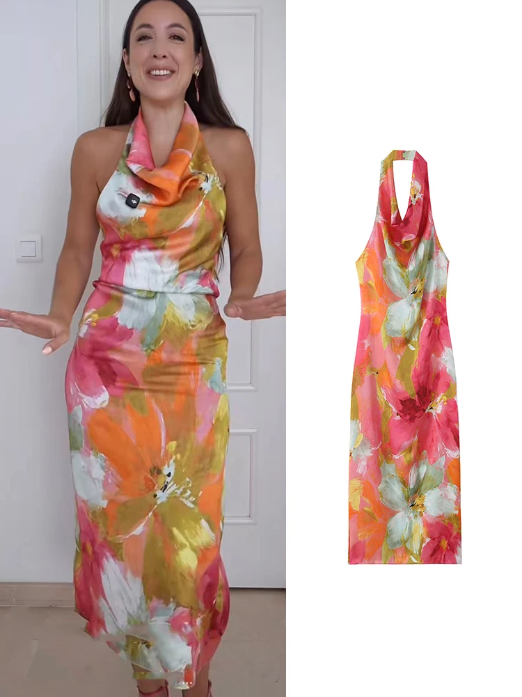 TFMLN Damen Sexy Neckholder-Kleid mit Print für Strandurlaub, Sommer, ärmellos, rückenfrei, schmal geschnitten, Party- und Clubkleider, Streetwear