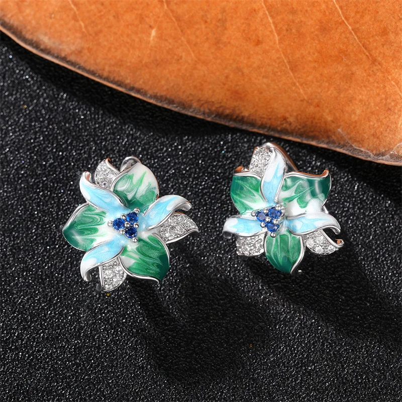 Huitan Green Blue Flower Earrings Women Inlay Sparkling Cubic Zirconia Fancy Anniversary Gift Newly Designed Flowers Ear Jewelry