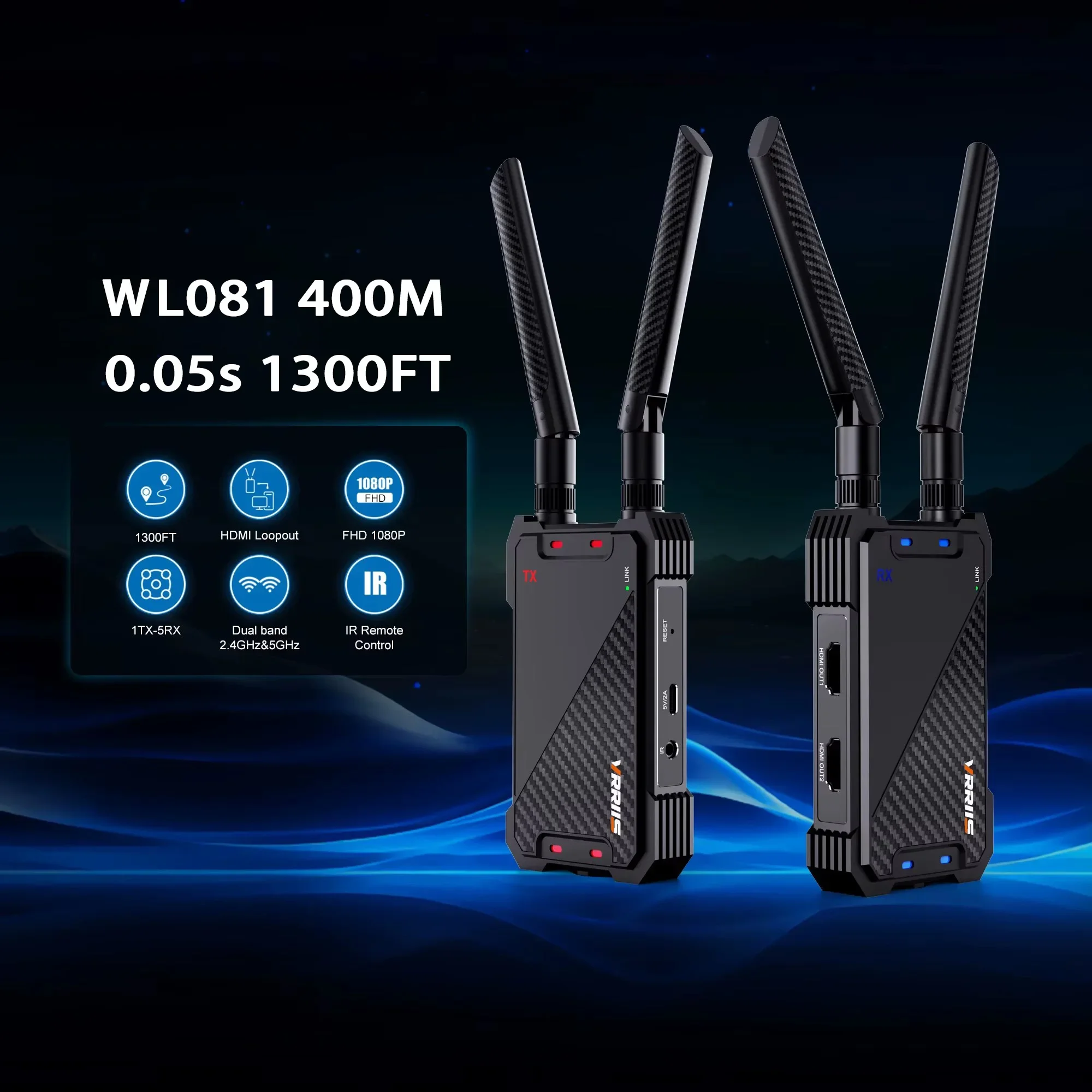 0.05s 400M Wireless Wifi Audio Video Transmitter and Receiver Dual HDMI Extender 1 TX To 2 3 4 5 RX Plug and Play Laptop To TV