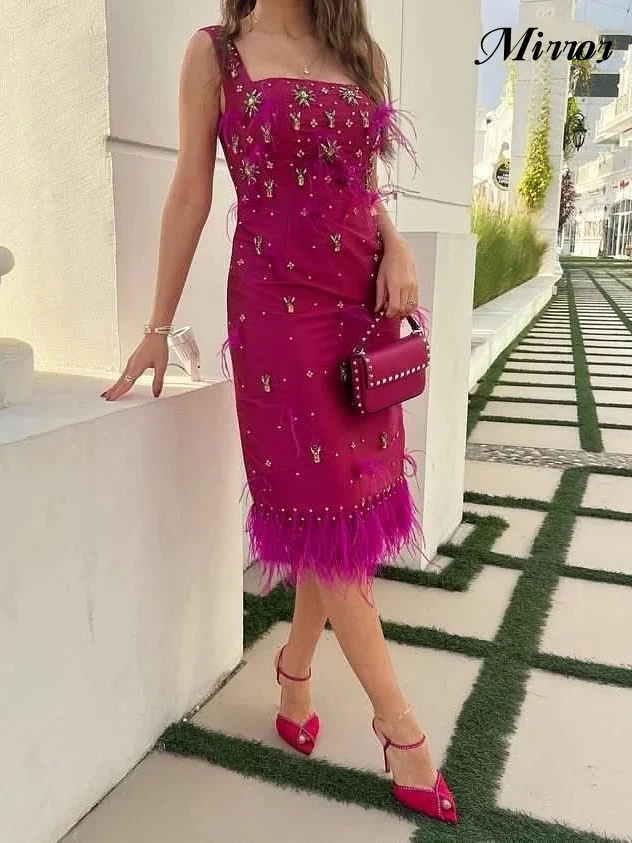 

Женское винтажное платье с квадратным вырезом, красное платье с кристаллами и перьями