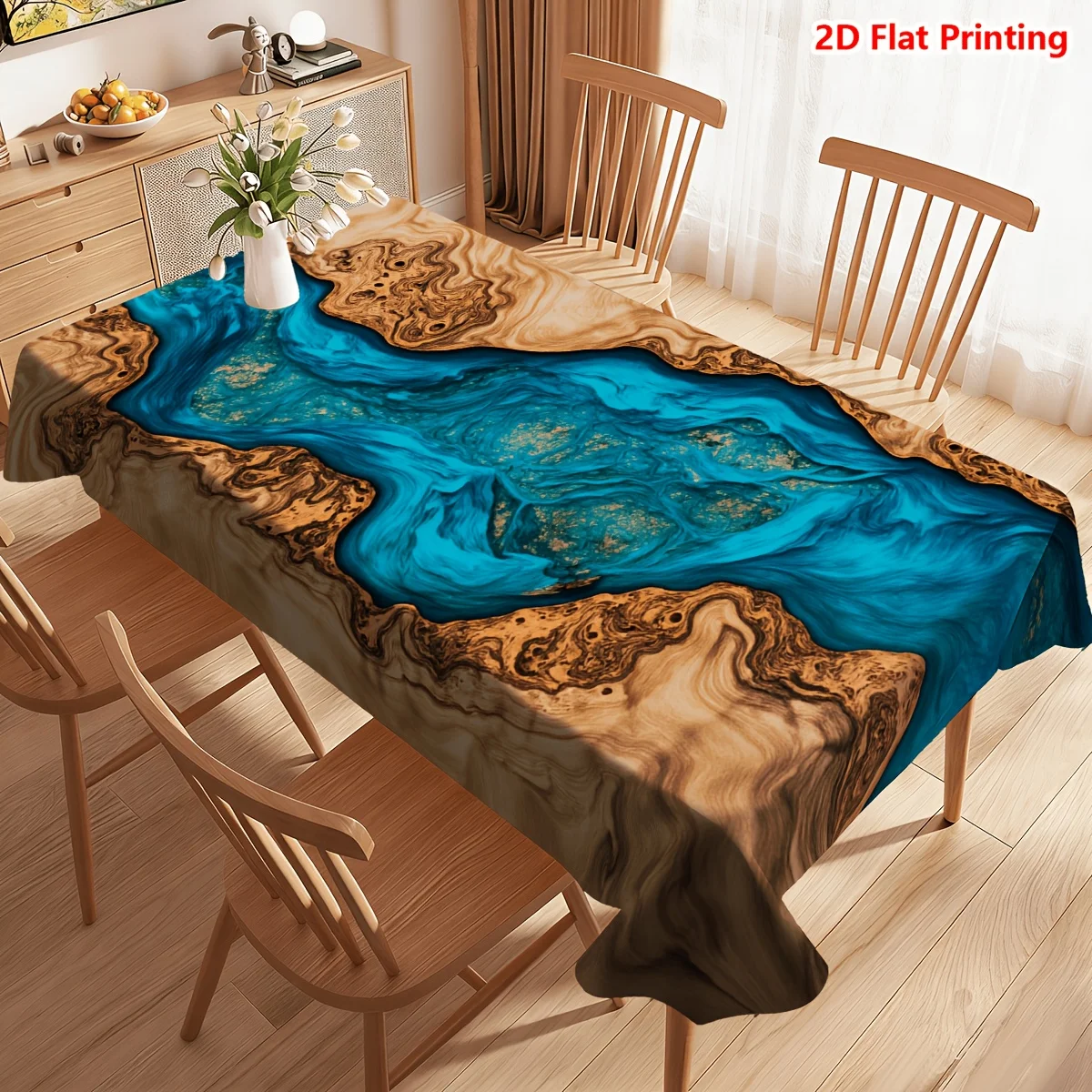 A tablecloth featuring an abstract design with wood and river patterns, presenting a natural earthy color tonezyc