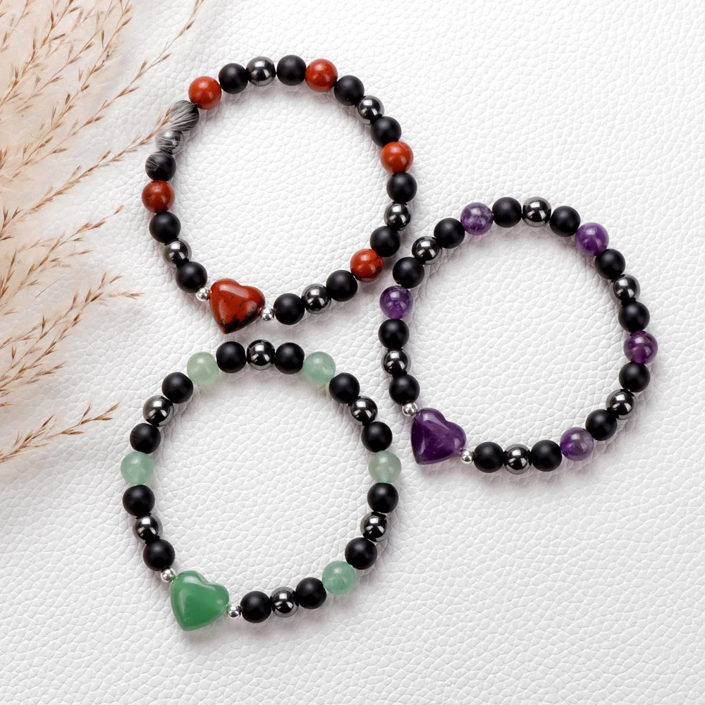 Heart Natural Stone Bracelet Hematite Black Onyx Beads Bracelets For Men Women Health Protection Soul Jewelry Pulsera Hombre