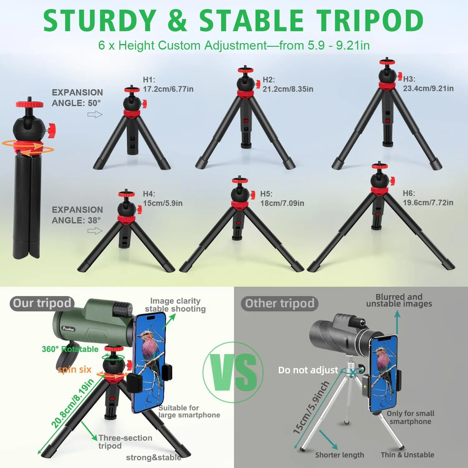 Telescopio Monocular con correa de mano para adultos, adaptador de teléfono inteligente, trípode, 12x50