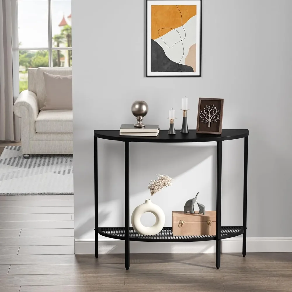 Black Half Moon Console Table 2 Tier Narrow Entryway Table with Storage Modern Couch Table Small Entry Way Tables