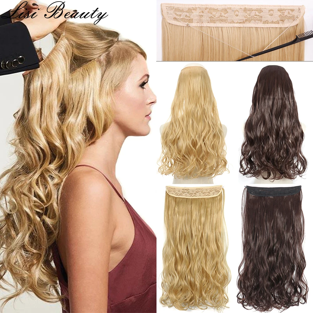 Synthetic Long Wavy No Clip Hair Extensions Invisible Wire Fake Hair Piece Heat Resistant Hairpiece Natural Hairstyle For Women