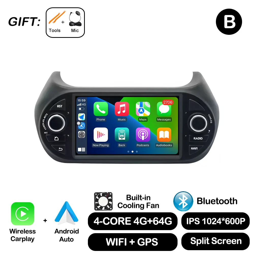 Autoradio Multimedia Video Player For Fiat Fiorino Qubo Citroen Nemo Peugeot Bipper 2008-2017 CarPlay GPS Navi DSP Stereo
