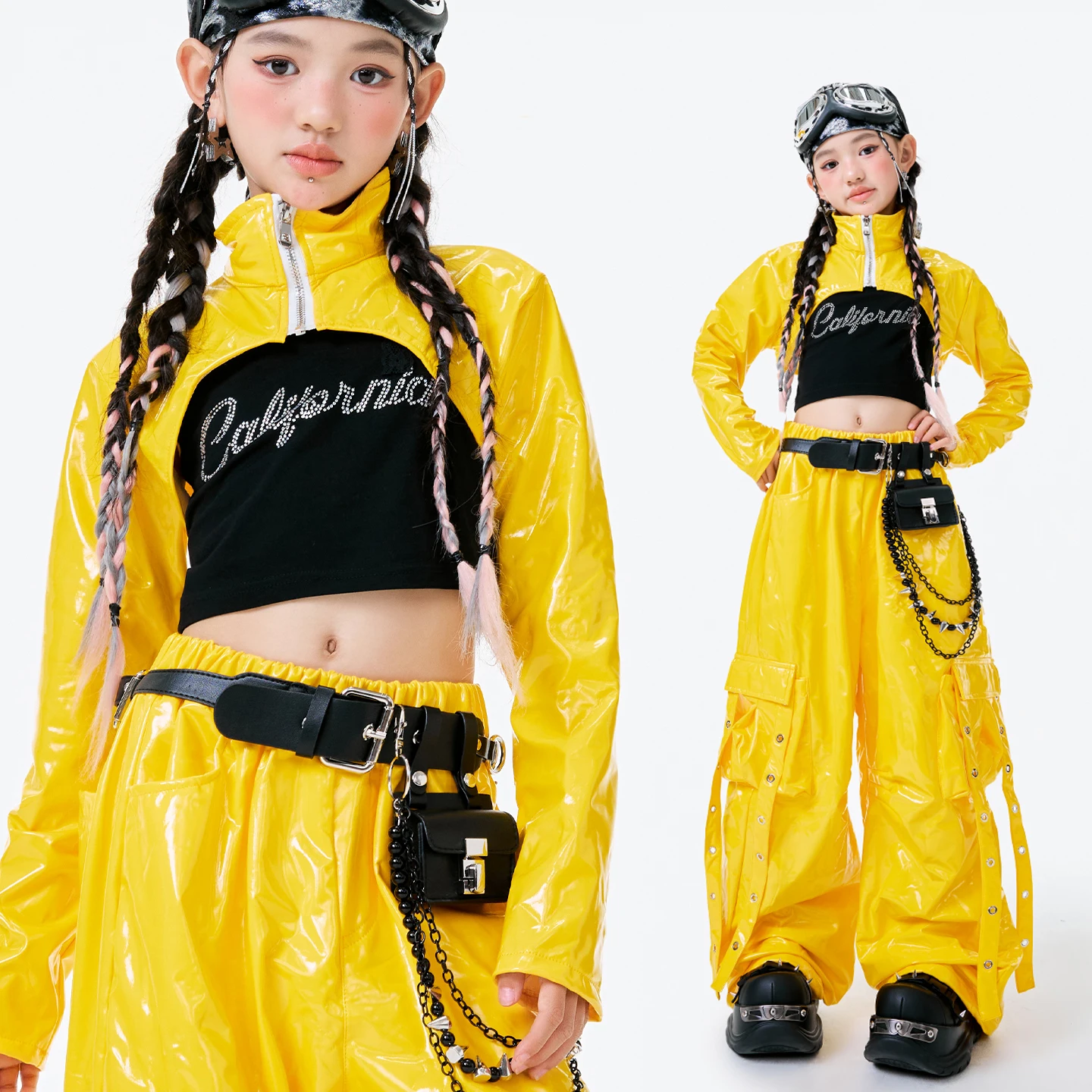 

Kids Cool Hip Hop Clothing Yellow Leather Ballroom Dance Clothes Girls Jazz Dance Costume K-pop Outfits Street Wear XS10478