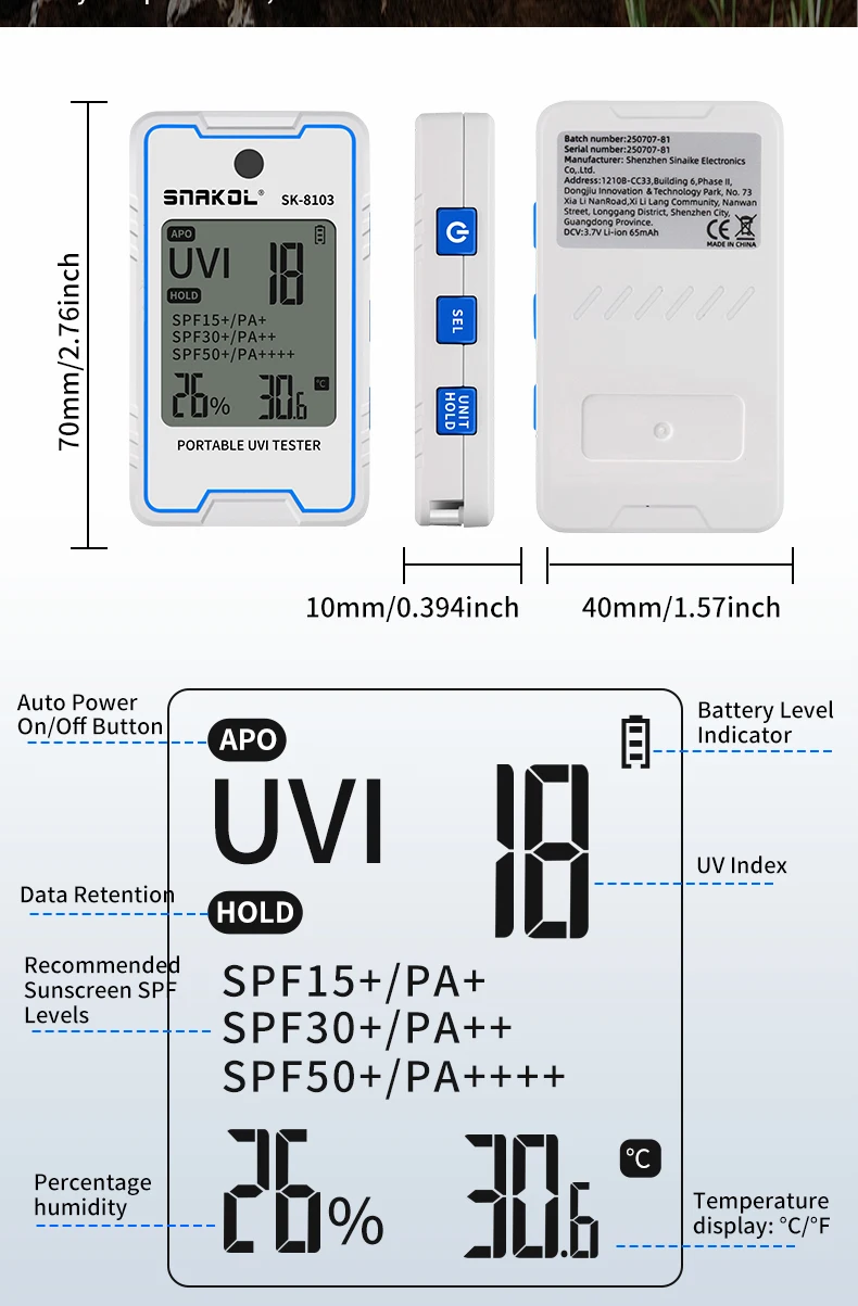 SNAKOL SK-8103 Digital UV Illuminometer Professional UV Light Meter Portable UV Tester Ultraviolet with Temp Humidity Display