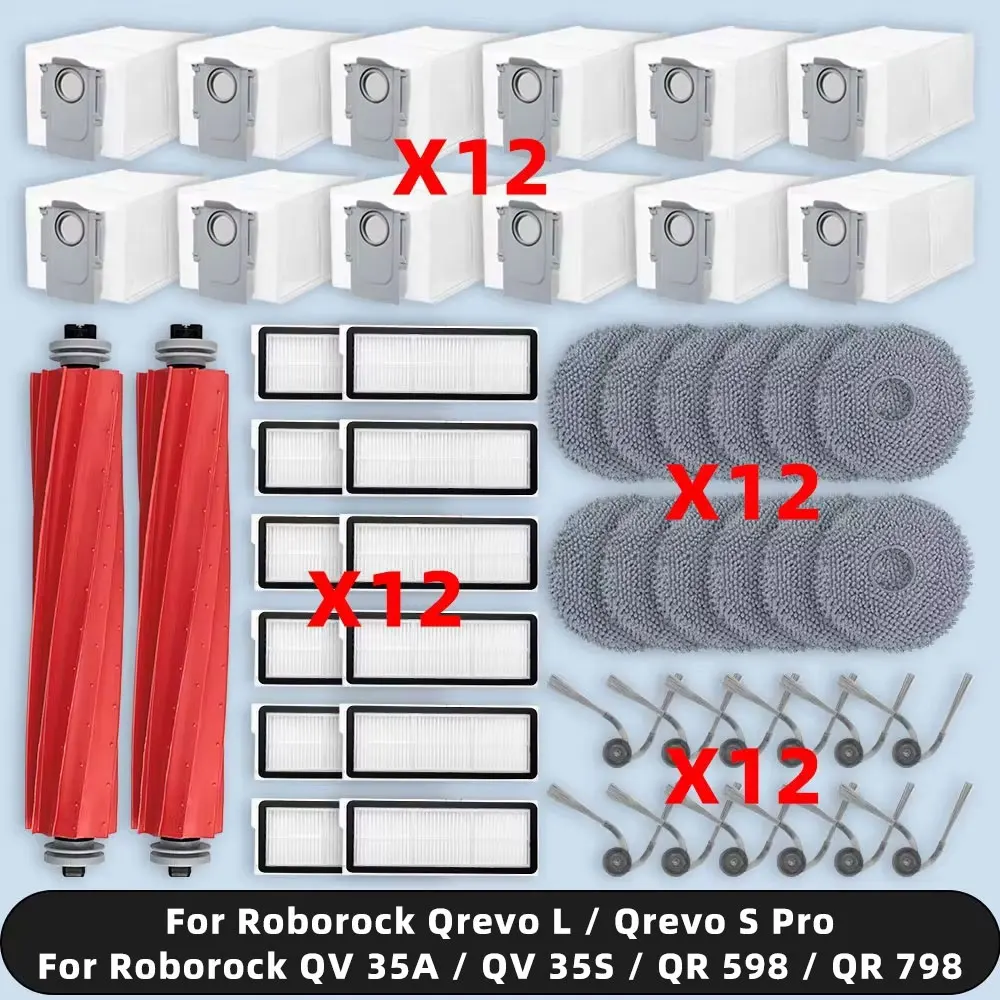 Compatible pour ( Roborock QV 35A / QV 35S / QR 598 / QR 798 / Qrevo L / Qrevo S Pro ) Accessoires de brosse latérale principale, filtre Hepa, vadrouille, gril, sac à poussière, pièces de rechange