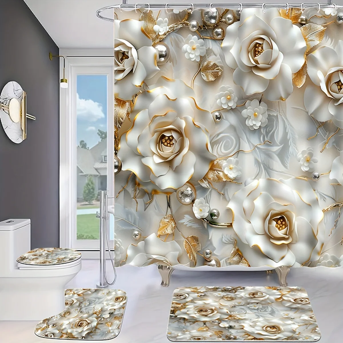 4pcs Silvery Rose Pearl Embossed Shower Curtain Set with Non-Slip Mat & Toilet Cover, 12 Hooks for Creative Bathroom Decor