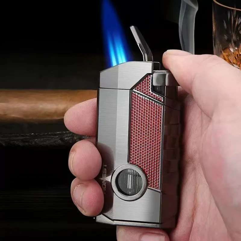 

Honest Men's Three Flames Jet Flame Lighting Cigar Portable Cigar Visible Spokes Ventilation Business Gift Windproof Lighter