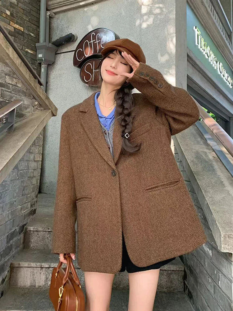 Vintage Faux Wool Suit Jacket Women Y2K Winter Thick Loose Streetwear Warm Casual Coats Korean Chic One Button Blended Blazers