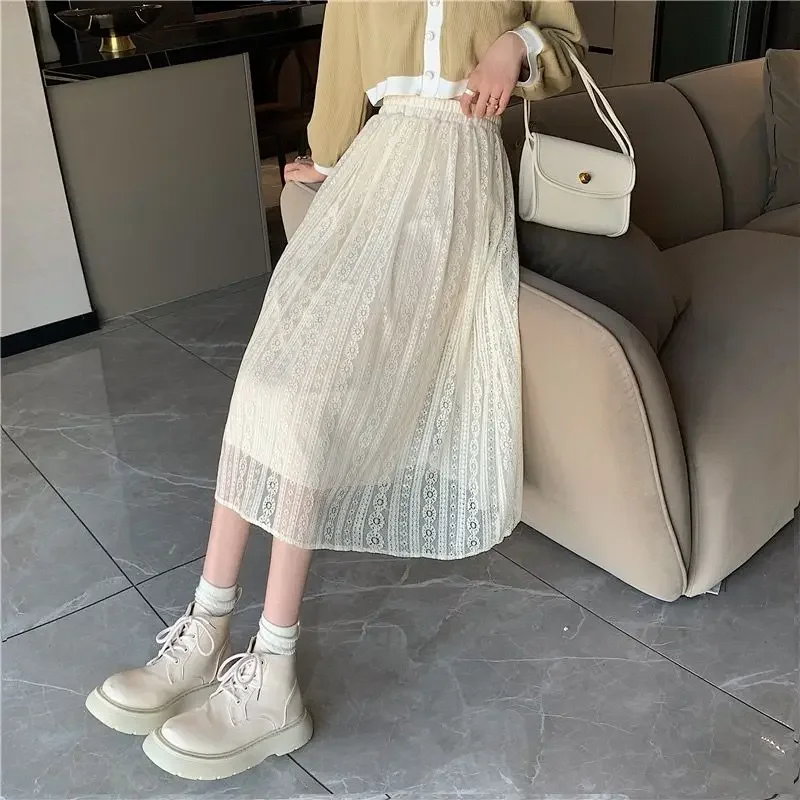 

Юбки миди с высокой талией, женские винтажные кружевные новые осенне-зимние трапециевидные красивые базовые офисные женские универсальные шикарные модные Ins Style OOTD