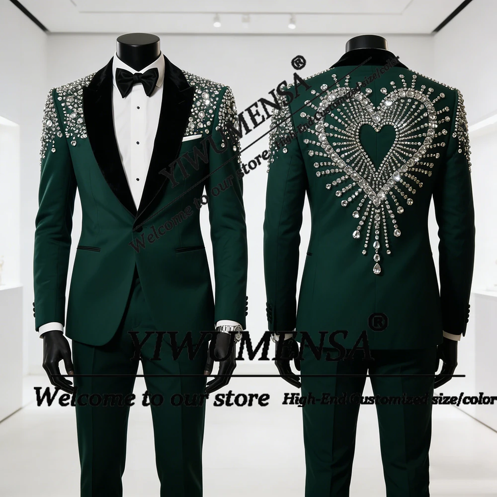 

Luxury Diamond Beaded Suits Men Single Breasted Jacket Pants 2 Piece Set Groom Formal Party Wedding Tuxedos Trajes Para Hombre