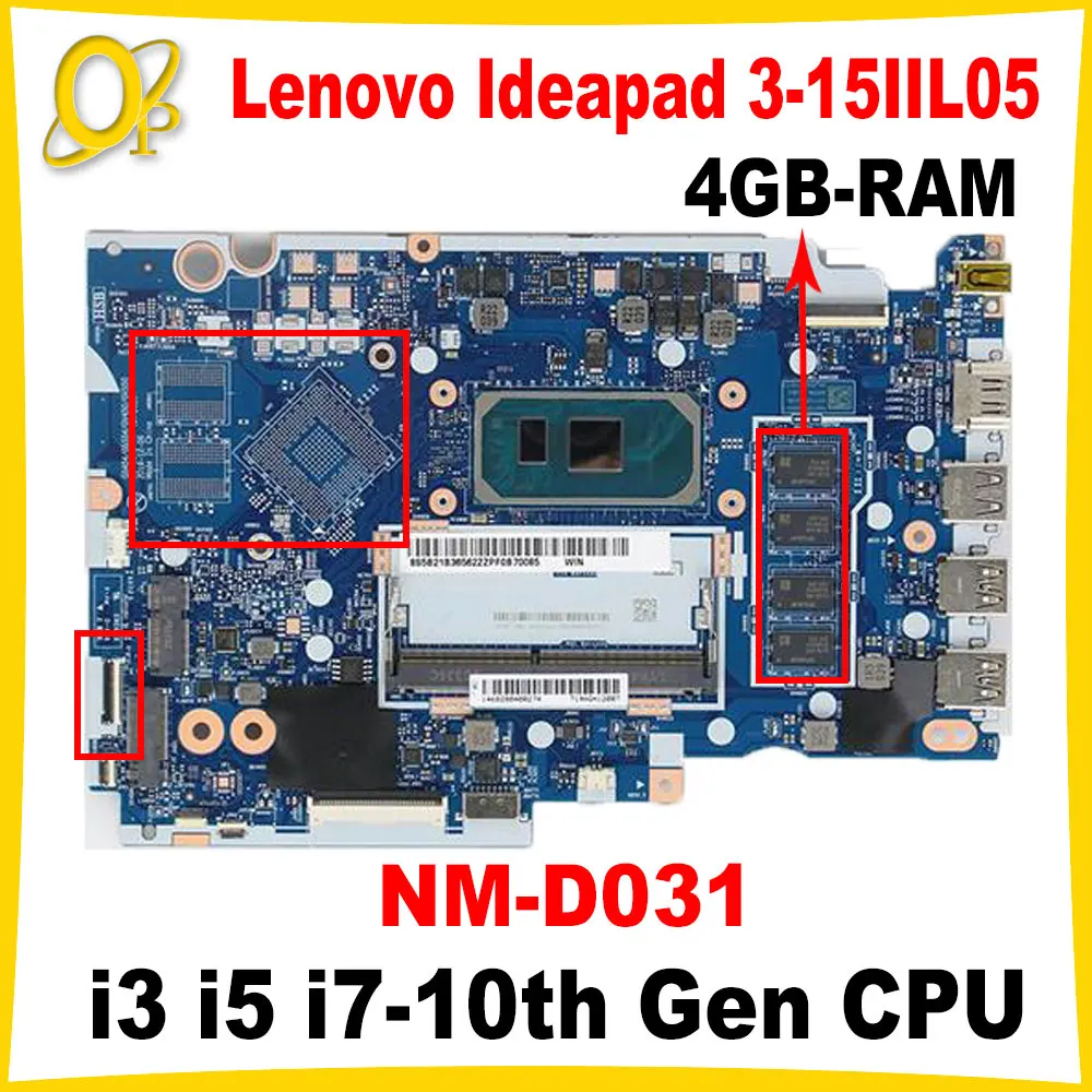 GS454/GS554/GV450/GV550 NM-D031 for Lenovo Ideapad 3-14IIL05 laptop motherboard with i3 i5 i7-10th Gen CPU 4GB-RAM 5B20S44250