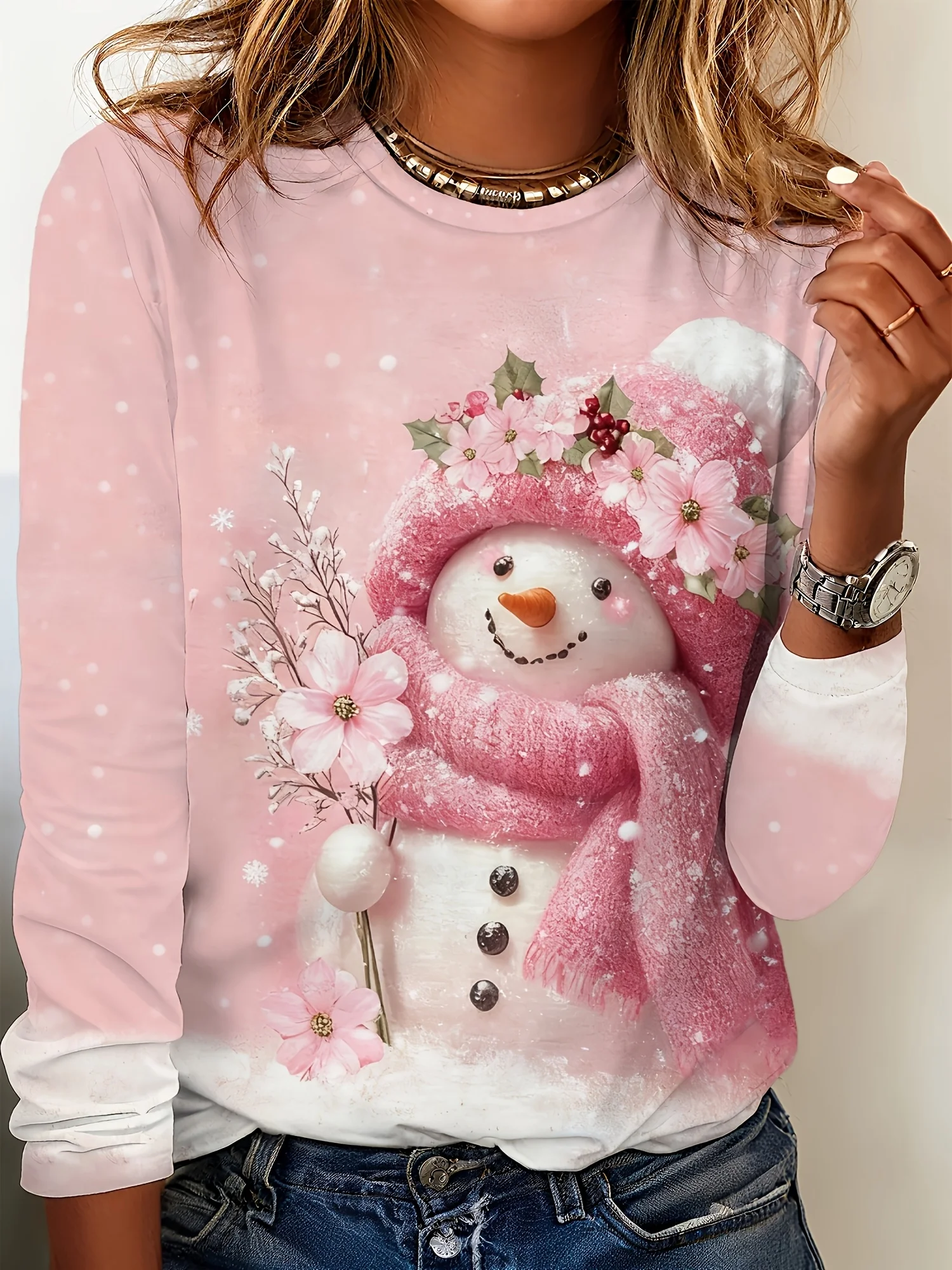 Women's Long Sleeve T-Shirt, Pink Snowman With Floral Hat And Scarf Holding Flowers Print, All-Winter Holiday Style Top Suitable For Leisure And Sports Scenarios