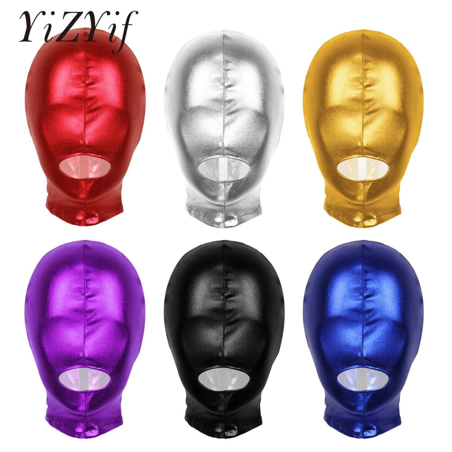 Unisex Latex Hood Mask Shiny Metallic Open Mouth Hole Headgear Headpiece Full Face Mask Hood Role Play Costume Latex Headgear