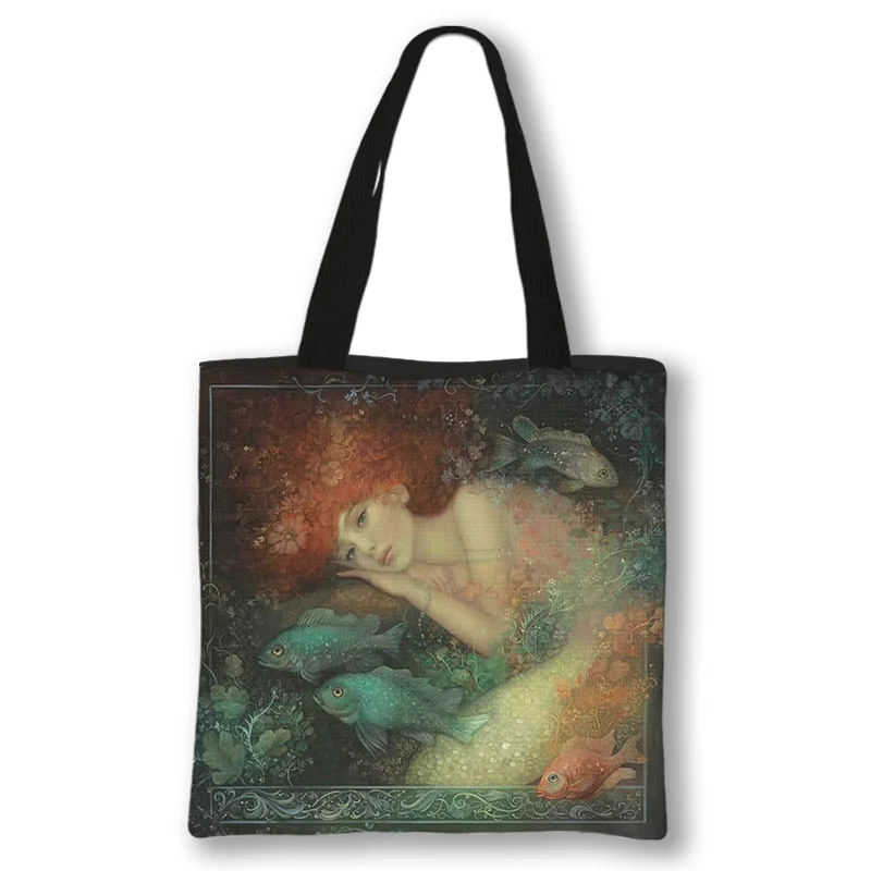 angel Oil Painting Printing Handbag Fabric Bag Leisure Folding Shopping Bag Outdoor Beach Bag Daily Handbag