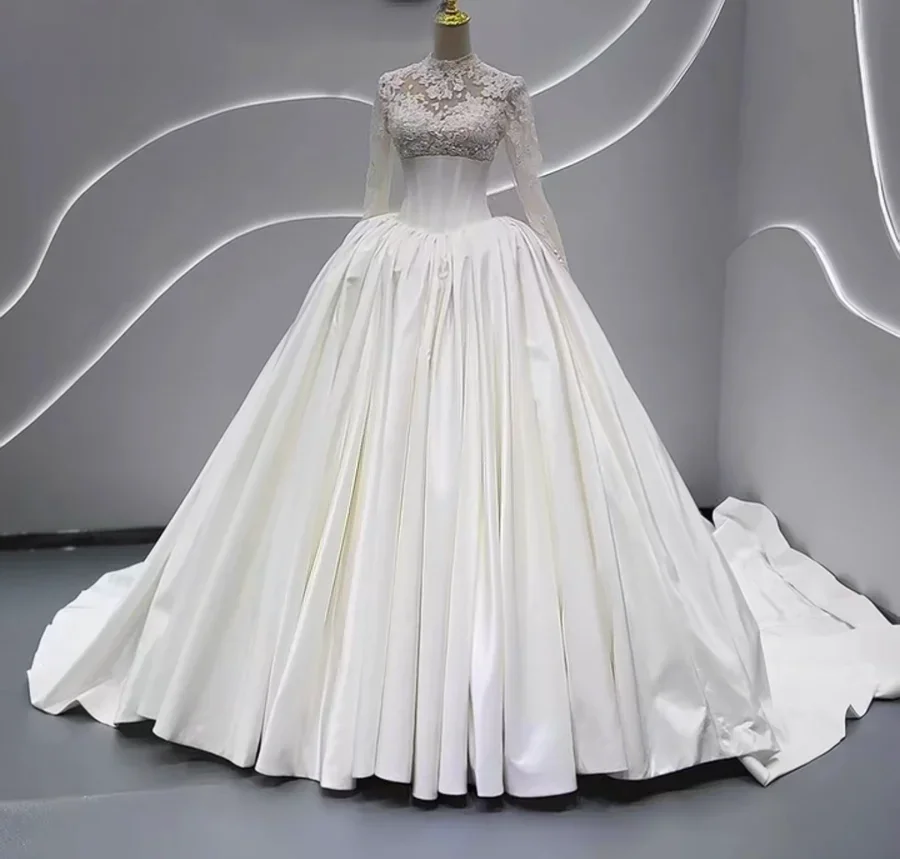 

Customized Amanda New Stain Design Long Sleeve High Neck Ball Gown Wedding Dress