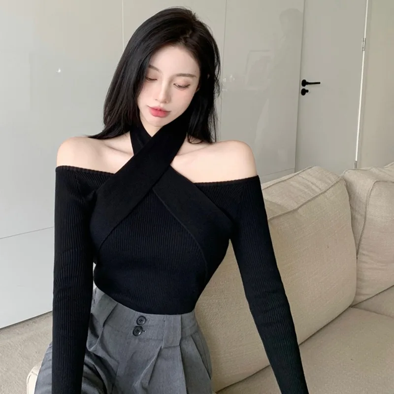 Winter Women\'s Sweater Knitted Long Sleeve Versatile Off Shoulder Hanging Neck Straight Sexy Sense Tops